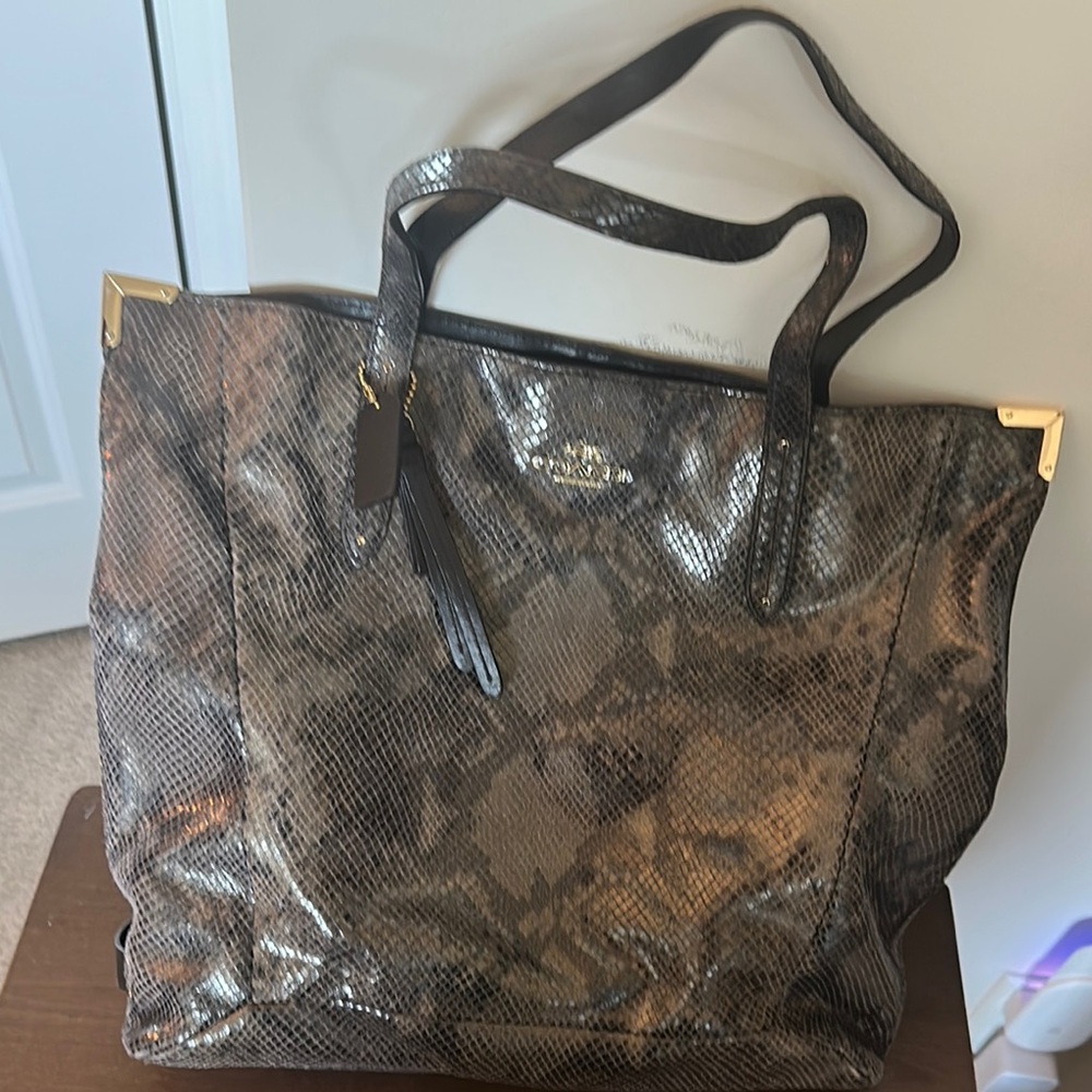 Coach Brown Tote with Faux Snakeskin Design